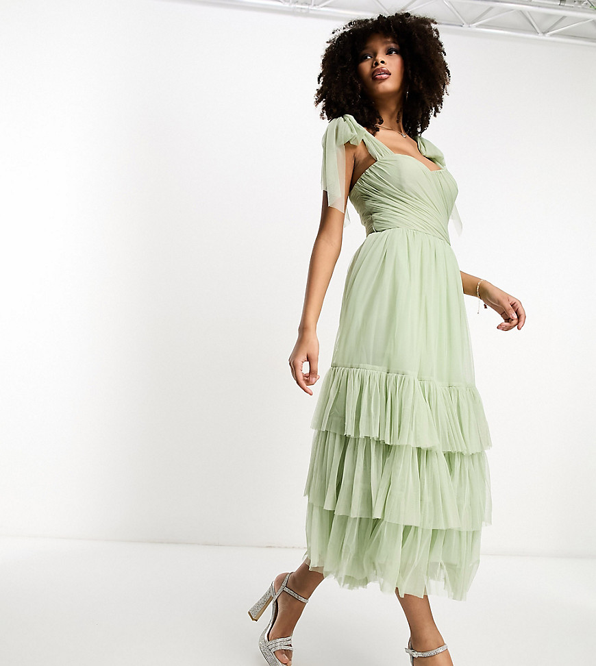 Lace & Beads Exclusive Tie Shoulder Tiered Midi Dress In Sage-green