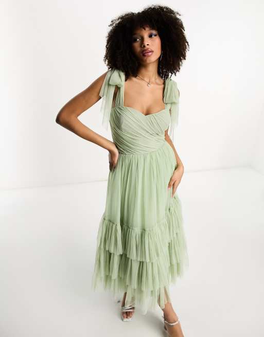 Lace Beads exclusive tie shoulder tiered midi dress in sage ASOS