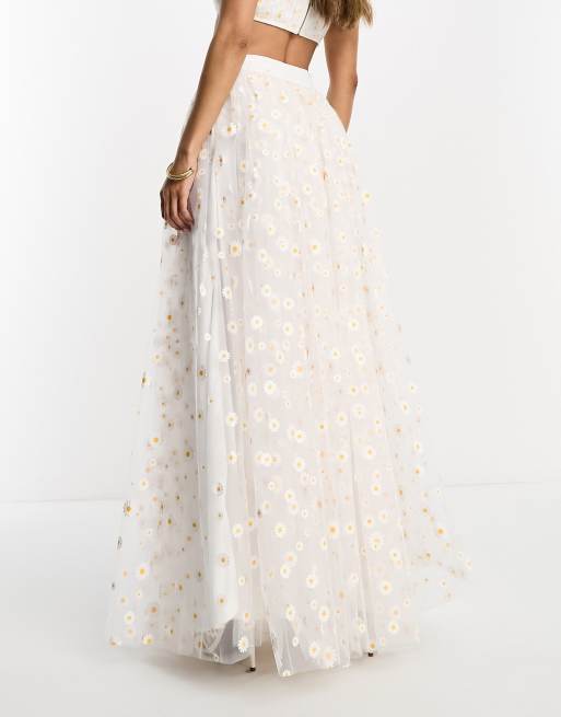 Lace & beads tulle maxi 2025 skirt with scattered pearl embellishment