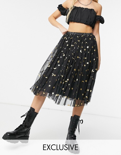 Lace & Beads exclusive tulle midi skirt in black glitter moon print