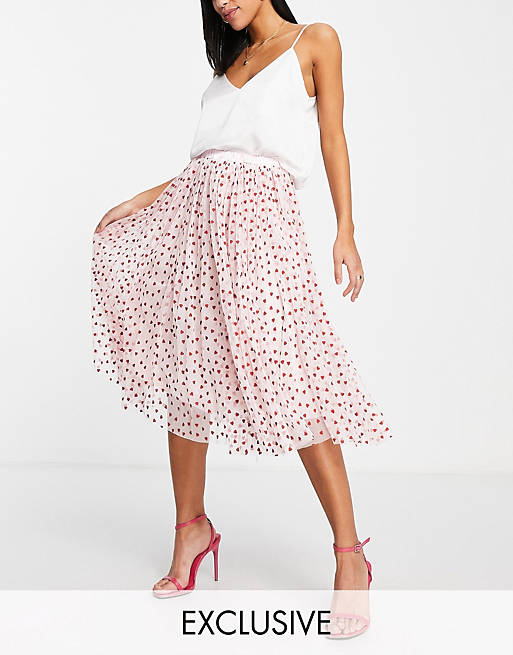 Skirts Lace & Beads exclusive tulle midi skirt in blush micro heart print 