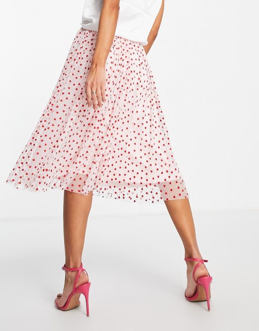 Lace Beads exclusive tulle midi skirt in blush micro heart print