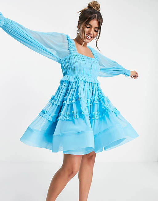 Lace & Beads exclusive tulle smock mini dress in bright blue