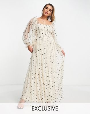 Lace & Beads exclusive wrapped bodice maxi dress in cream polka dot print