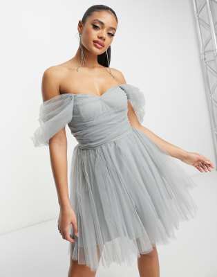 Lace & Beads Exclusive Wrapped Tulle Mini Dress In Light Gray