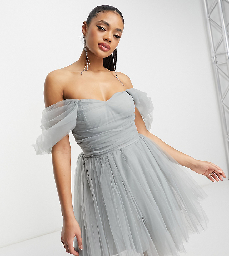 Lace & Beads exclusive wrapped tulle mini dress in light gray