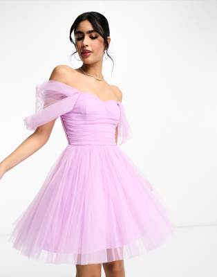 Lilac Off-The-Shoulder Evening Dress with Beadings and Appliques, Tulle Skirt main image 1