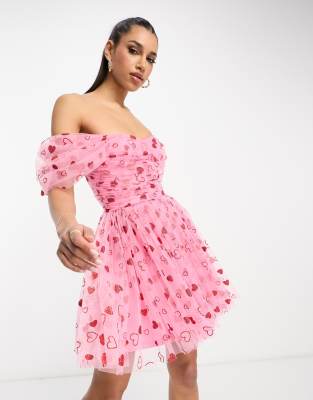 ASOS DESIGN heart embellished mini dress in pink