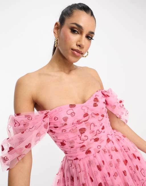 Lace & Beads exclusive wrapped tulle mini dress in pink and red heart, 4 of 4
