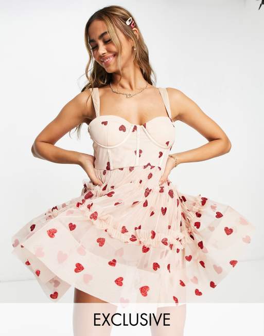 Lace & Beads - Exclusives - Gelaagde mini-jurk met korset in taupe roze met harten
