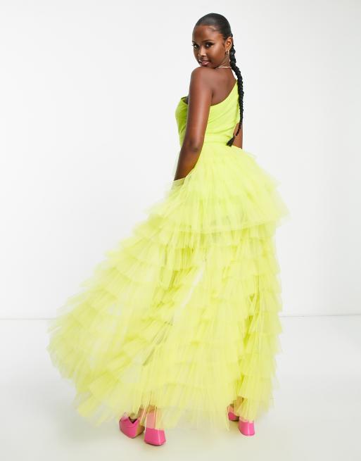 Lace & Beads - Exclusives - Maxi-jurk van tule met versiering en uitsnijding in limoengroen , 3 van 4