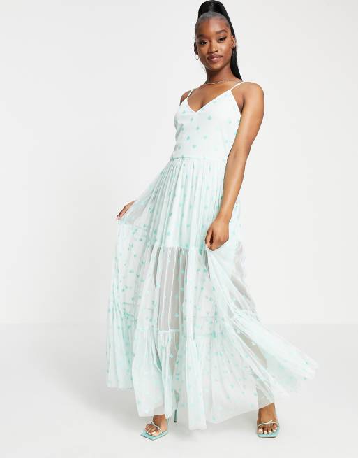 Lace & Beads - Exclusivité - Robe à superposition en tulle transparent et imprimé carte à jouer - Menthe métallisé