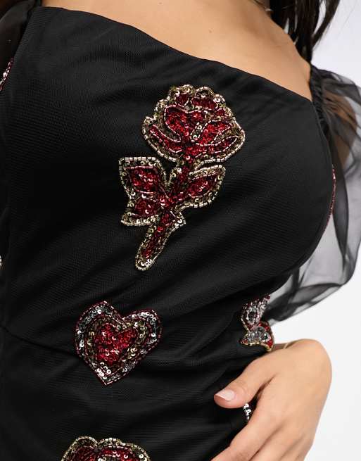 Lace & Beads - Exclusivité - Robe courte moulante transparente à manches bouffantes et appliqués variés, 3 de 4