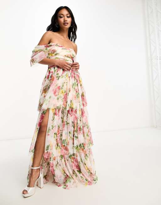 Lace & Beads - Exclusivité - Robe longue asymétrique à épaules dénudées avec fleurs colorées