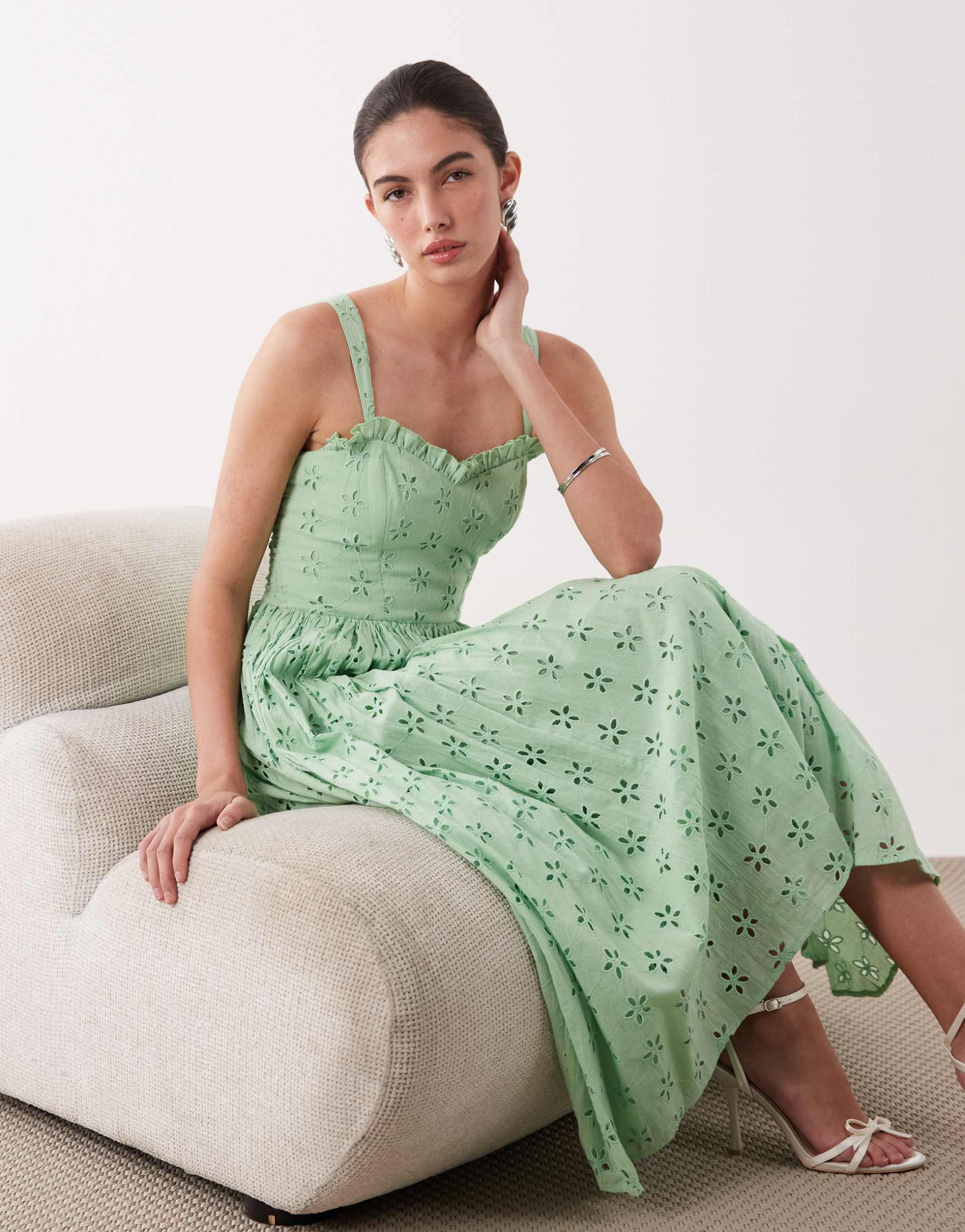 lace & beads eyelet corset midi dress in pastel green