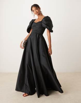 Lace & Beads fallen shoulder taffeta gown in black - view 1
