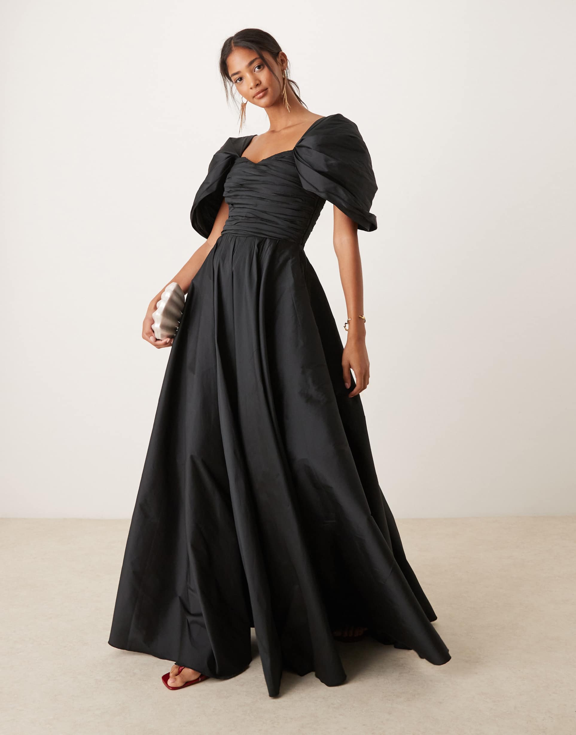lace & beads fallen shoulder taffeta gown in black