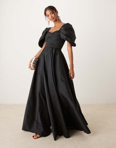 Lace & Beads fallen shoulder taffeta gown in black