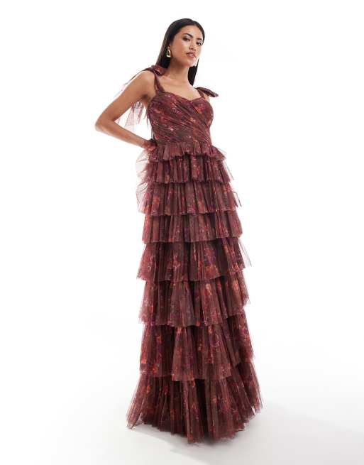 Lace & Beads – Fioletowa tiulowa sukienka maxi z kokardką na ramionach w kwiatowy wzór