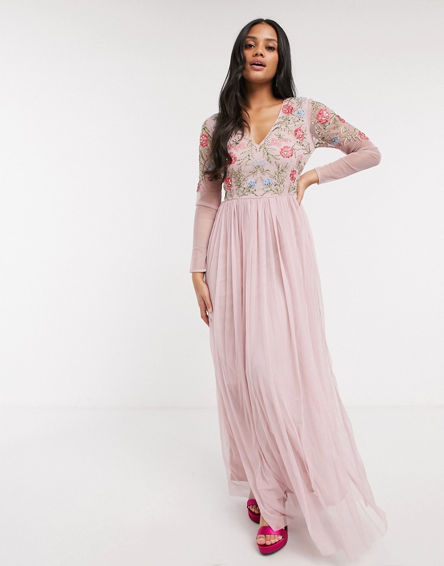 Lace & Beads Floral Embellished Long Sleeve Maxi Dress In Pink