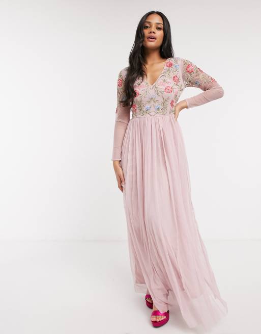 Pink long 2025 sleeve maxi dress