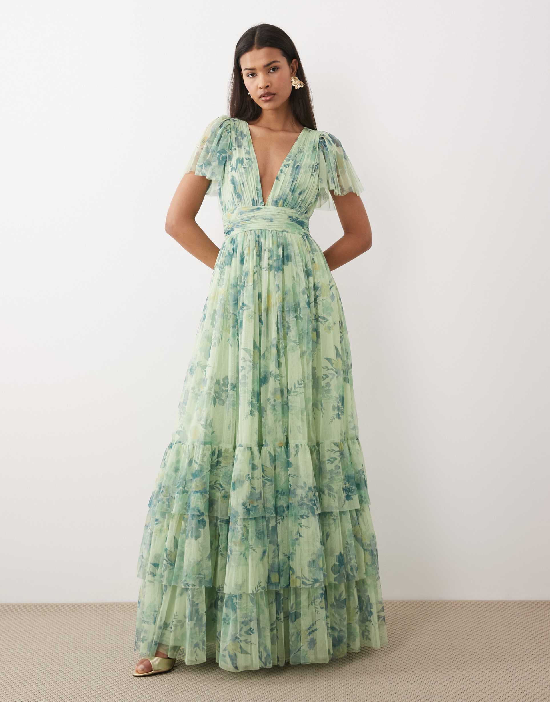 lace & beads flutter sleeve maxi dress in sage green print