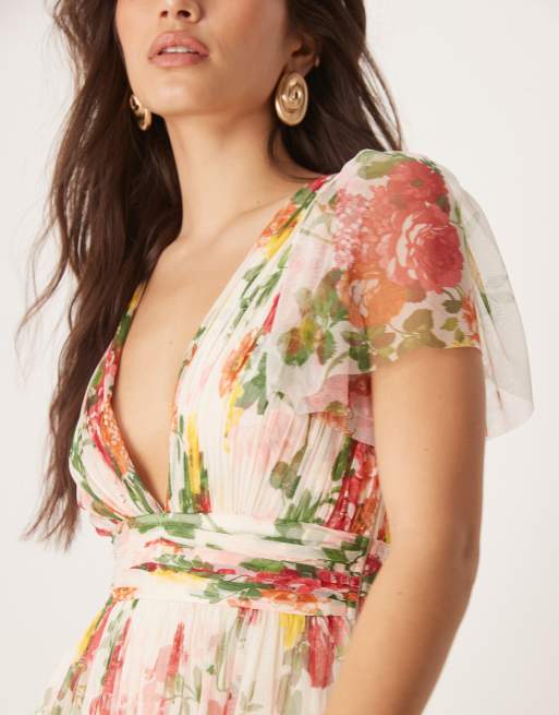 Lace & Beads flutter sleeve mini dress in bright floral | ASOS