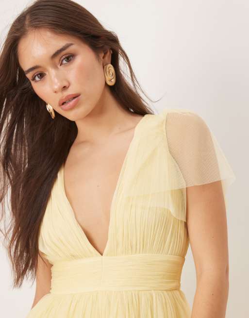 Lace & Beads flutter sleeve mini dress in buttercup, 3 of 4
