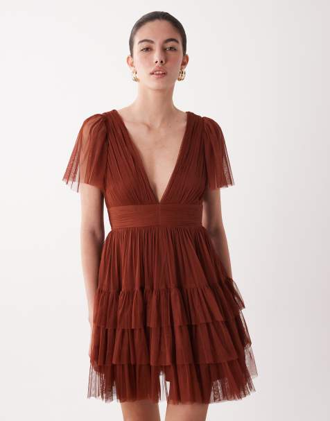 Lace & Beads flutter sleeve v-neck ruffle tiered tulle mini dress in rust - view 1