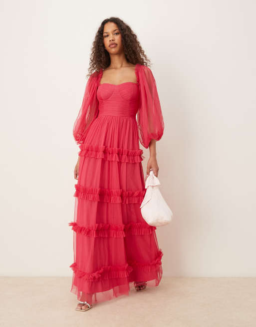 Lace & Beads - Fuchsia-farvet korset-maxikjole med ballonærmer og flæser, 2 af 4