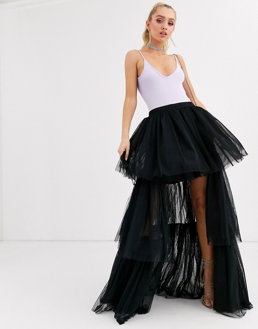 Lace & Beads - Gelaagde lange asymmetrische rok in zwart