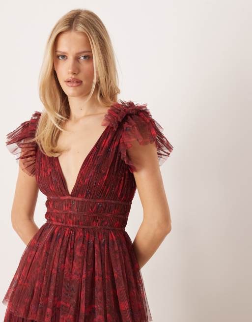 Lace & Beads - Gelaagde maxi jurk met ruches en print in rood, 2 van 4