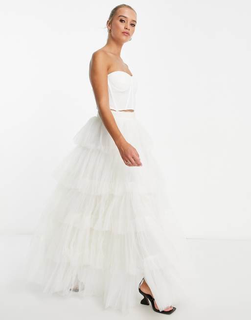 Lace & Beads - Gonna lunga a balze color avorio arricciata in vita