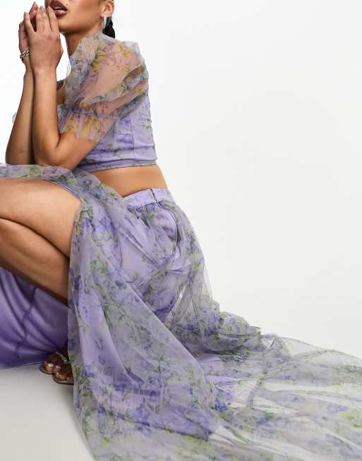 Lace & Beads - Gonna lunga in organza lilla a fiori in coordinato, 3 di 4