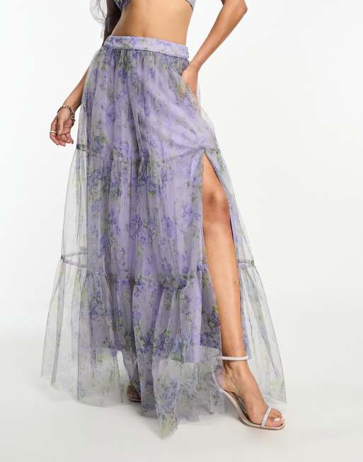Lace & Beads - Gonna lunga in organza lilla a fiori in coordinato, 4 di 4