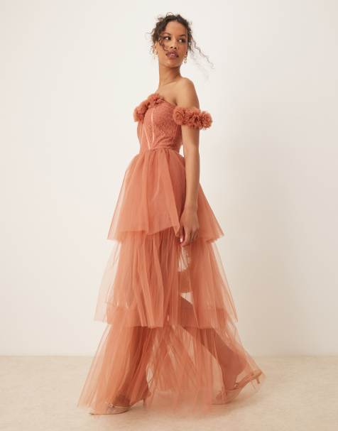 Lace & Beads rosette corset maxi dress in terracotta rose