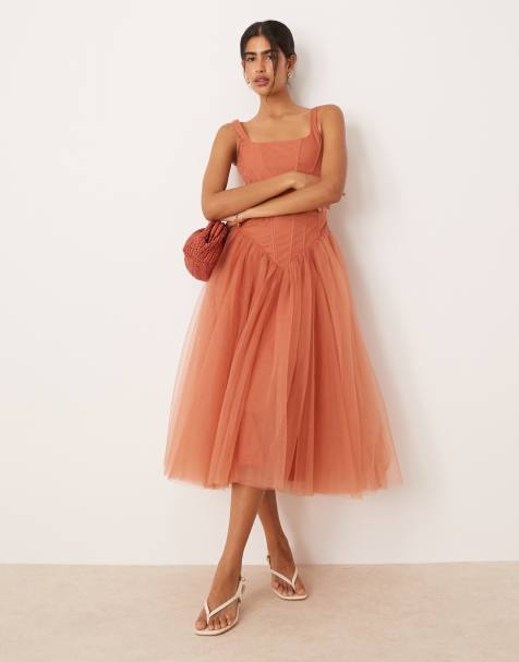 Lace & Beads corset drop hem midi dress in terracotta rose