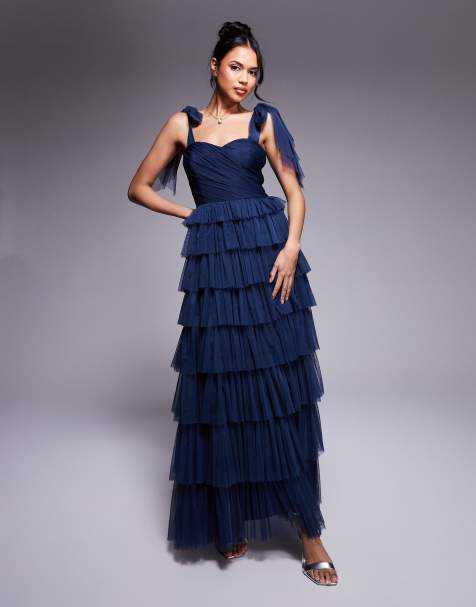 Lace & Beads bow shoulder ruffle maxi dress in midnight navy