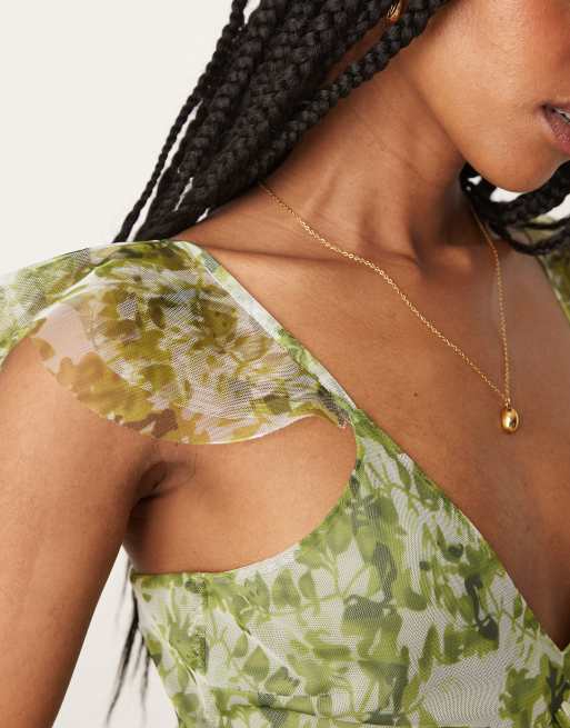 Lace & Beads – Grönblommig midaxiklänning i tyll med volang, 2 av 4