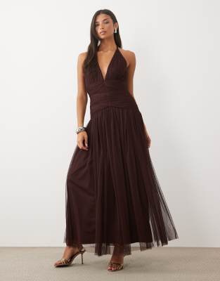 Lace & Beads Halter Neck Dropped Waist Open Back Tulle Maxi Dress In Brown
