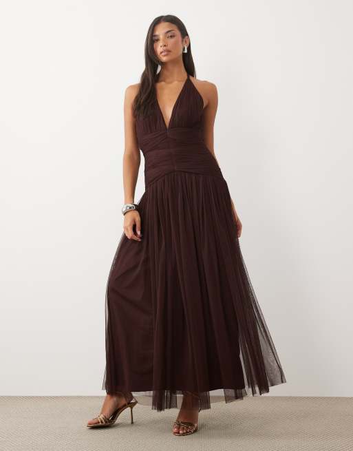 chocolate brown dress for wedding Mac Duggal Women's Sleeveless Mesh And Suede A Line Mini - - Size 2 this dress is perfect for weddings Gorgeous chocolate brown dress for