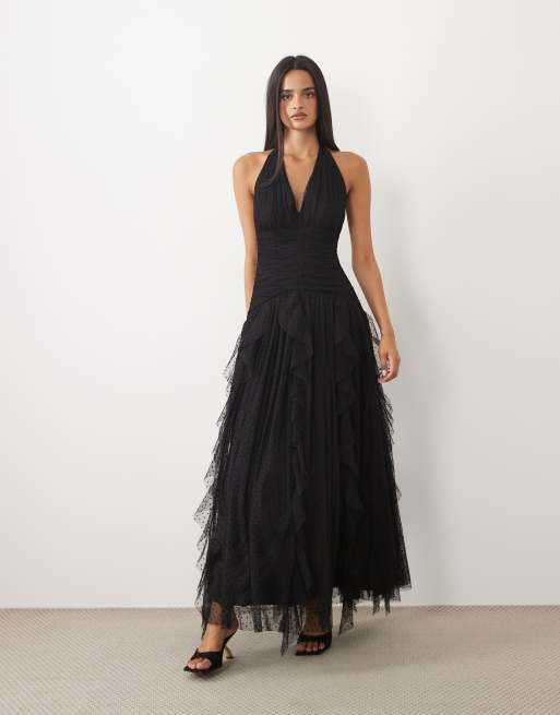 Lace & Beads halter neck ruffle skirt textured maxi dress in black