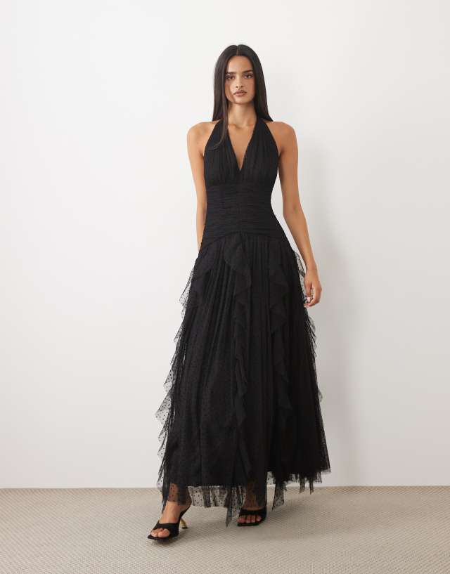 Lace & Beads halter neck ruffle skirt textured maxi dress in black