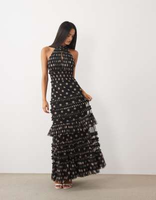 Lace & Beads Halter Neck Tie Back Ruffle Maxi Dress In Black