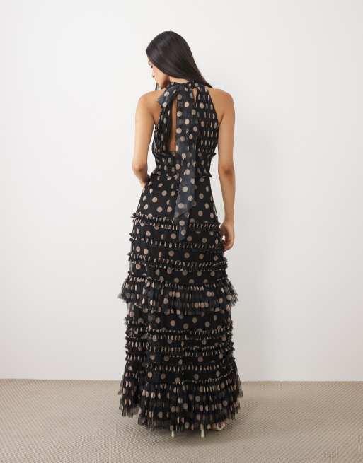 Lace & Beads halter neck tie back ruffle maxi dress in black and tan polka dot, 4 of 4