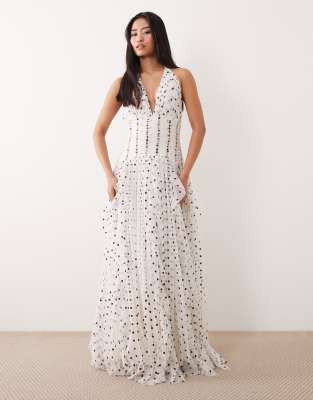 Lace & Beads halter neck tie maxi dress in cream and brown polka dots