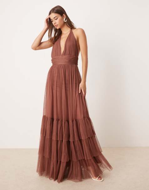 Lace & Beads halter neck tiered maxi dress in rose brown - BROWN - view 1