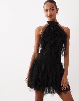 Lace & Beads Halter Neck Tiered Ruffle Detailing Tulle Mini Dress In Black