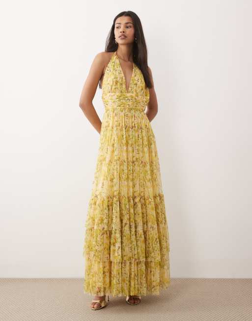 Lace & Beads halter neck tiered tulle maxi dress in yellow floral | ASOS