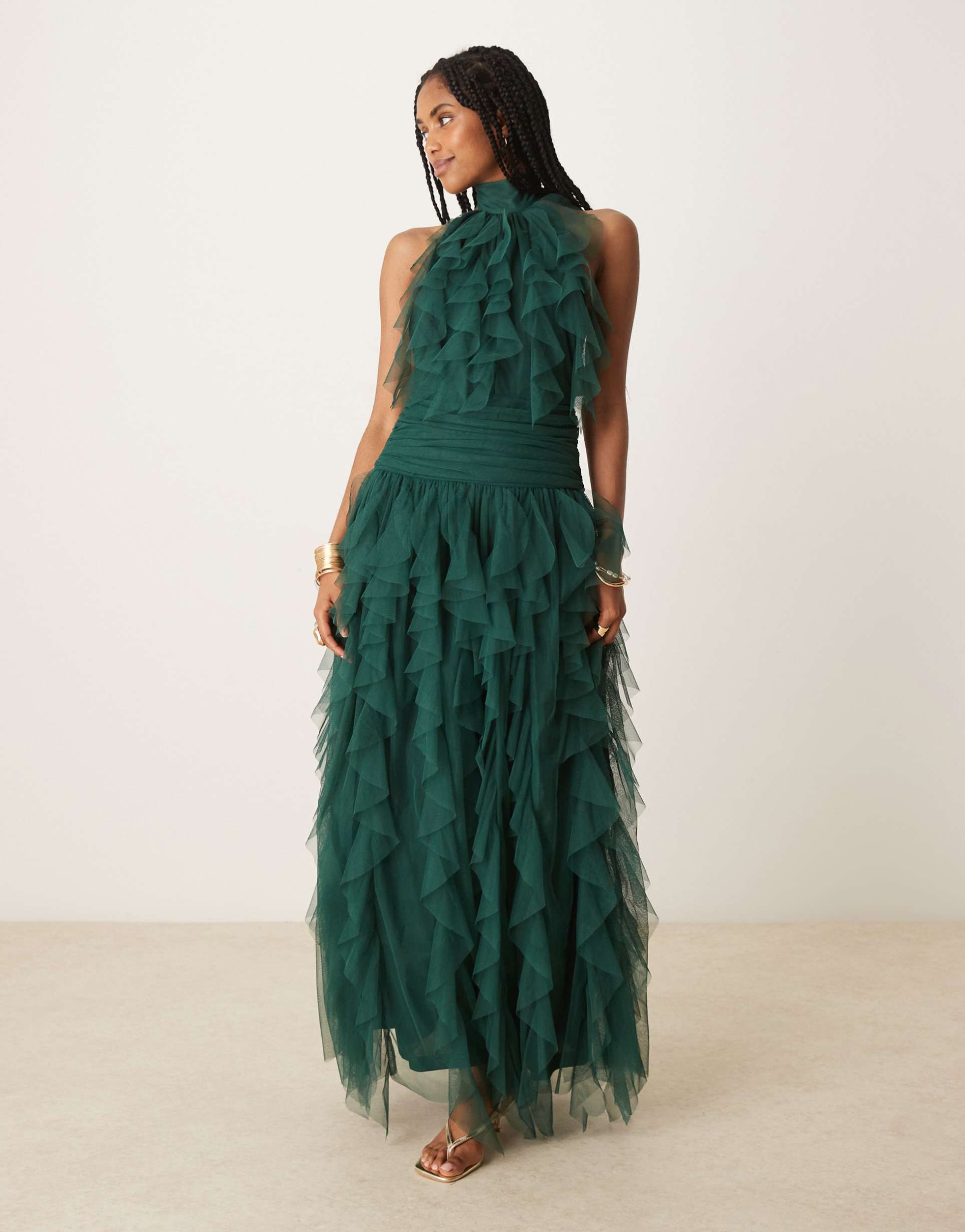 lace & beads halter neck tulle maxi dress in emerald green